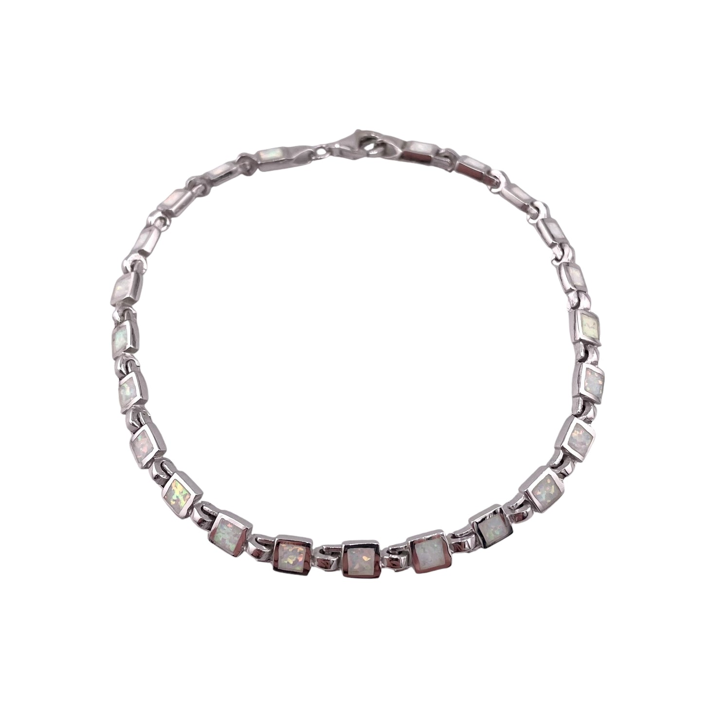 White Lab Opal 4mm Square Link Bracelet Sterling Silver