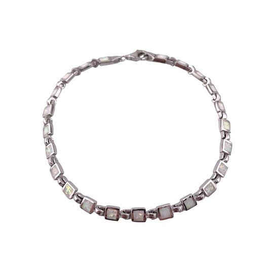 White Lab Opal 4mm Square Link Bracelet Sterling Silver