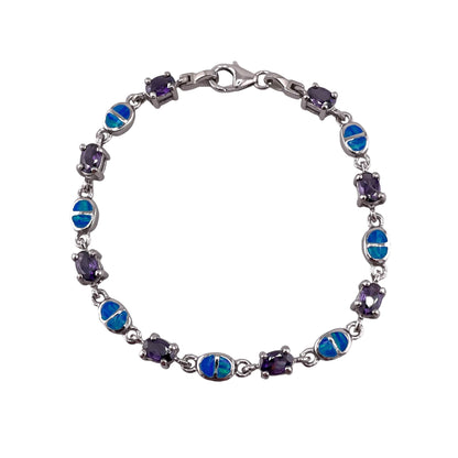 Blue Lab Opal & Amethyst CZ Link Bracelet Sterling Silver
