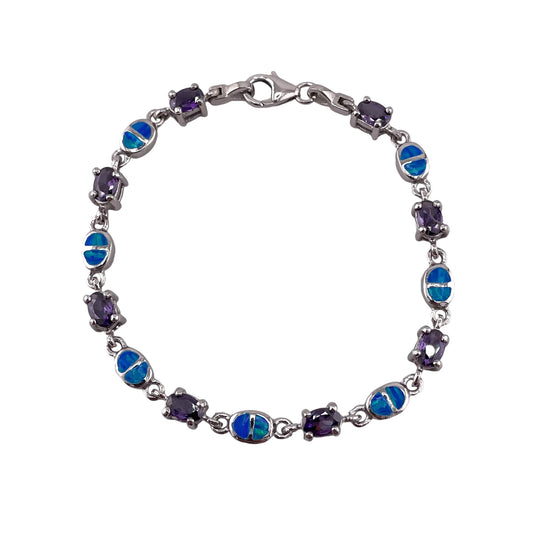 Blue Lab Opal & Amethyst CZ Link Bracelet Sterling Silver