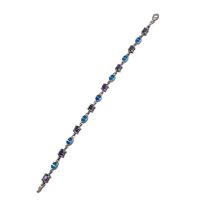 Blue Lab Opal & Amethyst CZ Link Bracelet Sterling Silver