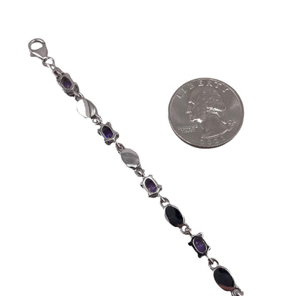 Blue Lab Opal & Amethyst CZ Link Bracelet Sterling Silver