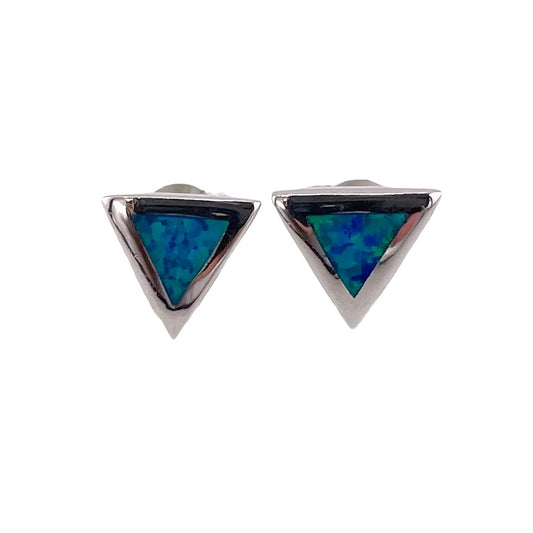 Blue Lab Opal 7mm Triangle Stud Earrings Sterling Silver