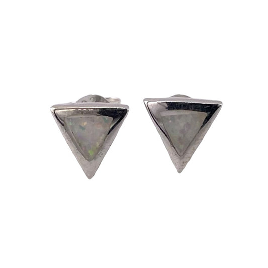 White Lab Opal 7mm Triangle Stud Earrings Sterling Silver