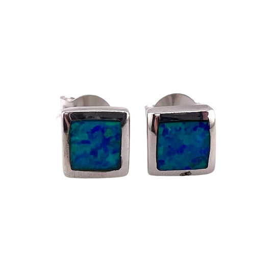 Blue Lab Opal 6mm Square Stud Earrings Sterling Silver