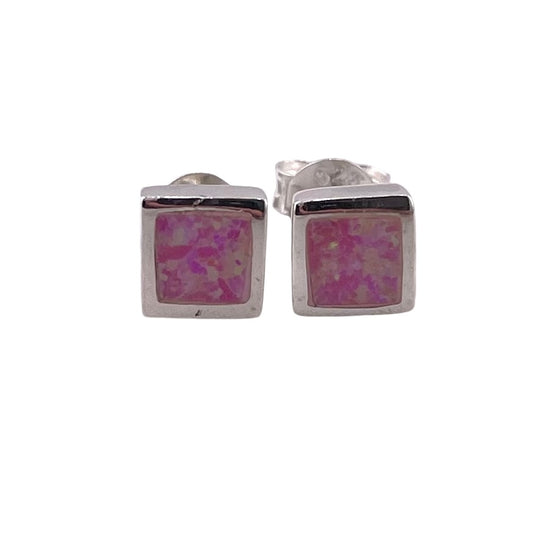 Pink Lab Opal 6mm Square Stud Earrings Sterling Silver
