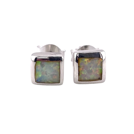 White Lab Opal 6mm Square Stud Earrings Sterling Silver