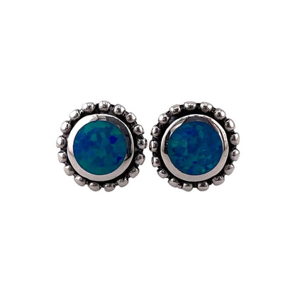 Blue Lab Opal 10mm Dotted Round Stud Earrings Sterling Silver