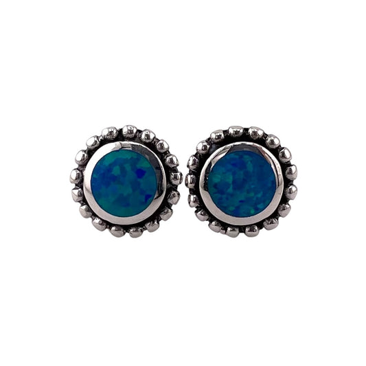 Blue Lab Opal 10mm Dotted Round Stud Earrings Sterling Silver