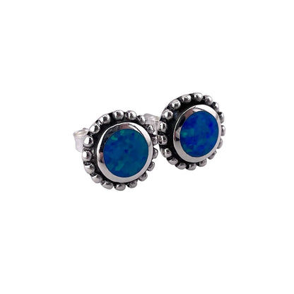 Blue Lab Opal 10mm Dotted Round Stud Earrings Sterling Silver