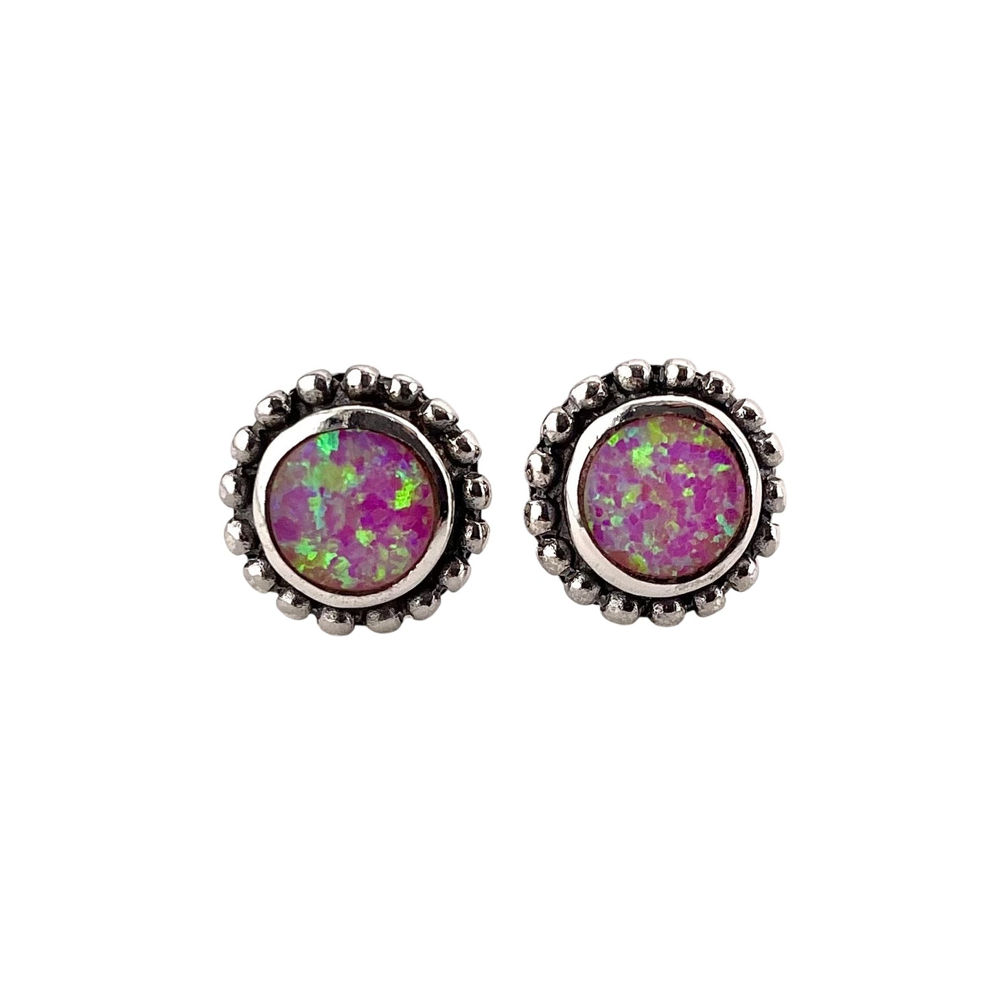 Pink Lab Opal 10mm Dotted Round Stud Earrings Sterling Silver