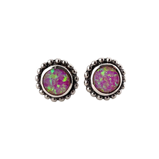 Pink Lab Opal 10mm Dotted Round Stud Earrings Sterling Silver
