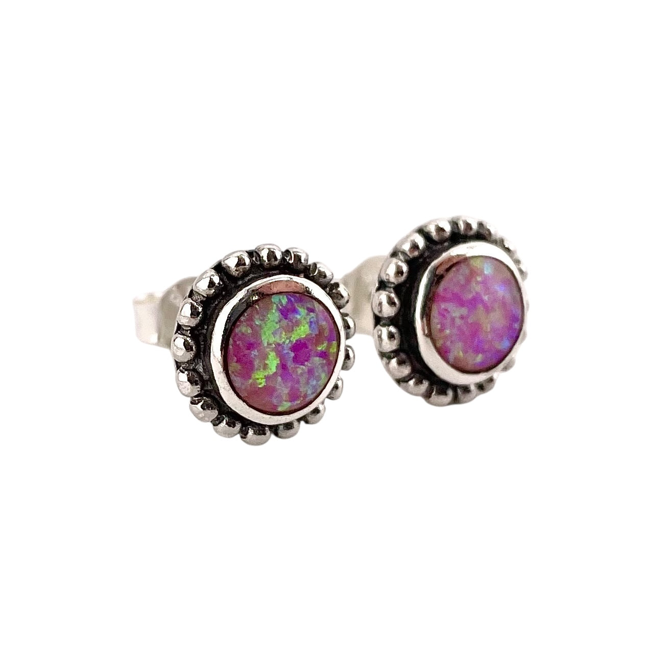Pink Lab Opal 10mm Dotted Round Stud Earrings Sterling Silver