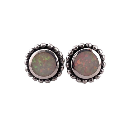 White Lab Opal 10mm Dotted Round Stud Earrings Sterling Silver