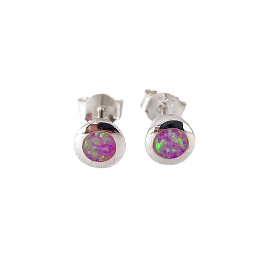 Pink Lab Opal 6mm Round Stud Earrings Sterling Silver