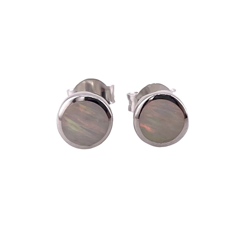 White Lab Opal 6mm Round Stud Earrings Sterling Silver