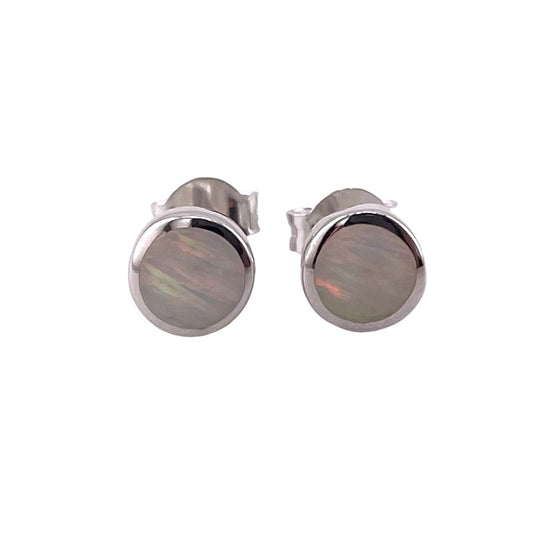 White Lab Opal 6mm Round Stud Earrings Sterling Silver