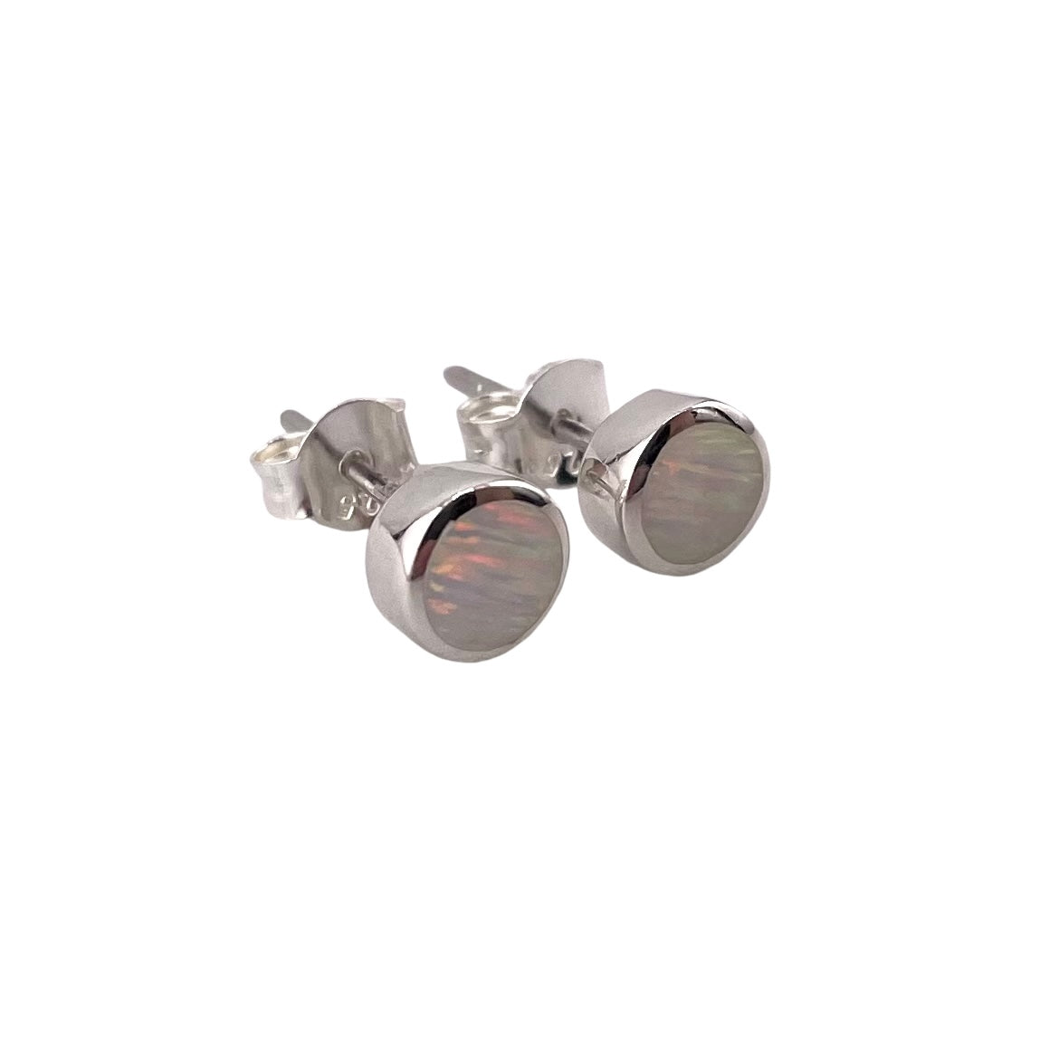 White Lab Opal 6mm Round Stud Earrings Sterling Silver