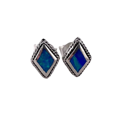 Blue Lab Opal 9mm Roped Diamond Stud Earrings Sterling Silver
