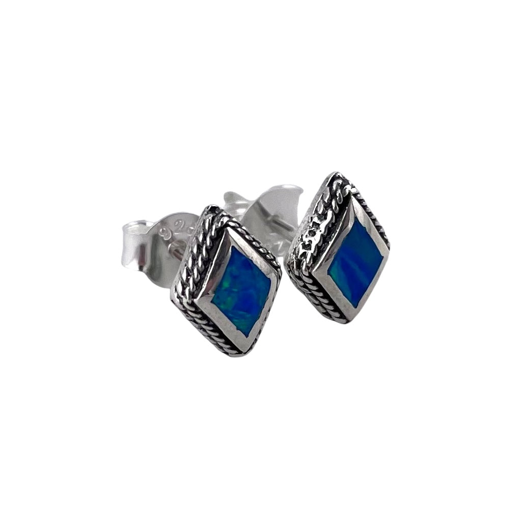 Blue Lab Opal 9mm Roped Diamond Stud Earrings Sterling Silver