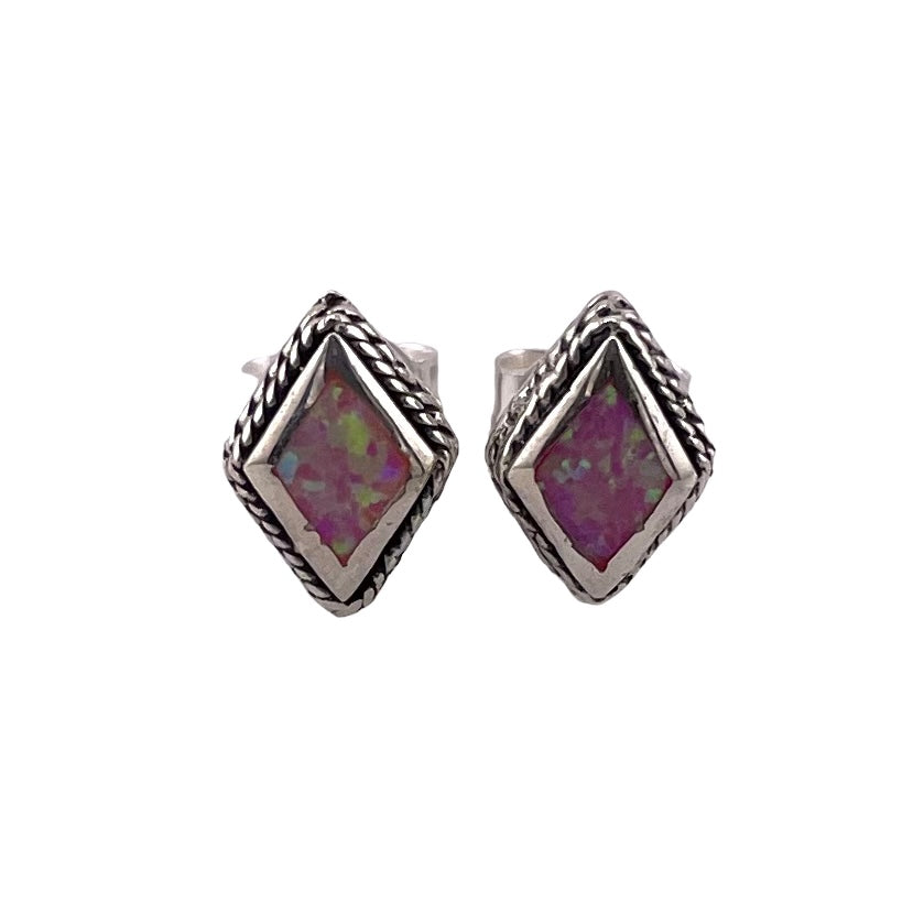 Pink Lab Opal 9mm Roped Diamond Stud Earrings Sterling Silver