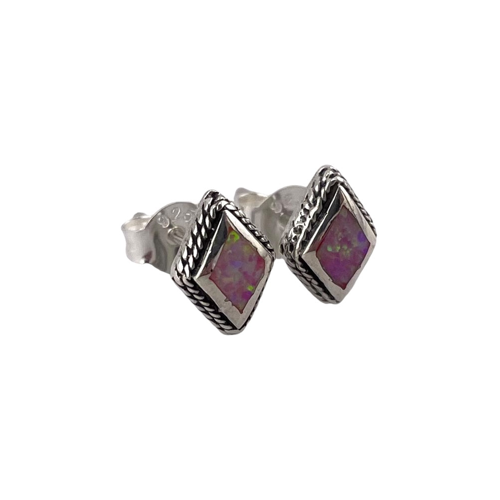 Pink Lab Opal 9mm Roped Diamond Stud Earrings Sterling Silver