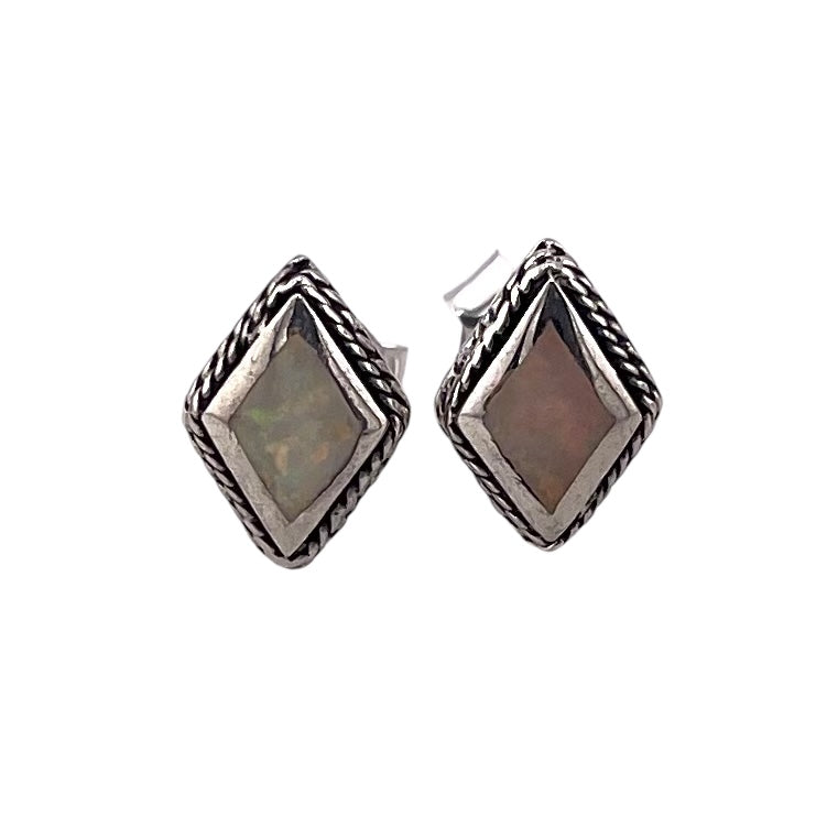 White Lab Opal 9mm Roped Diamond Stud Earrings Sterling Silver