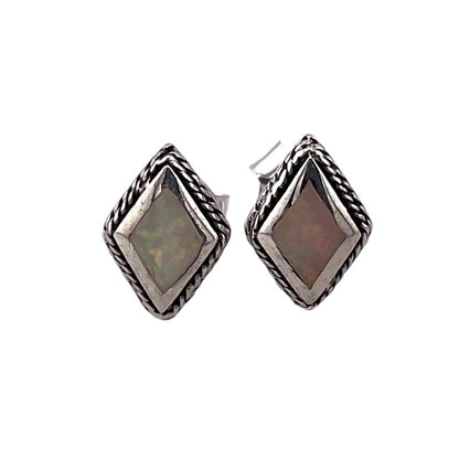 White Lab Opal 9mm Roped Diamond Stud Earrings Sterling Silver