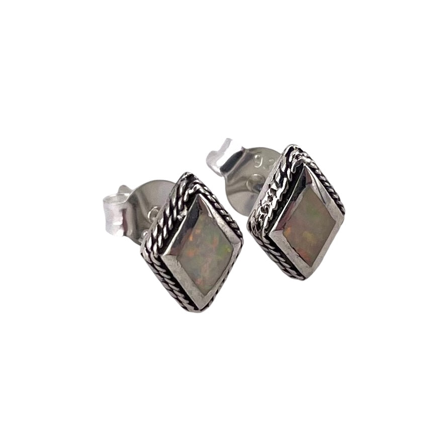 White Lab Opal 9mm Roped Diamond Stud Earrings Sterling Silver