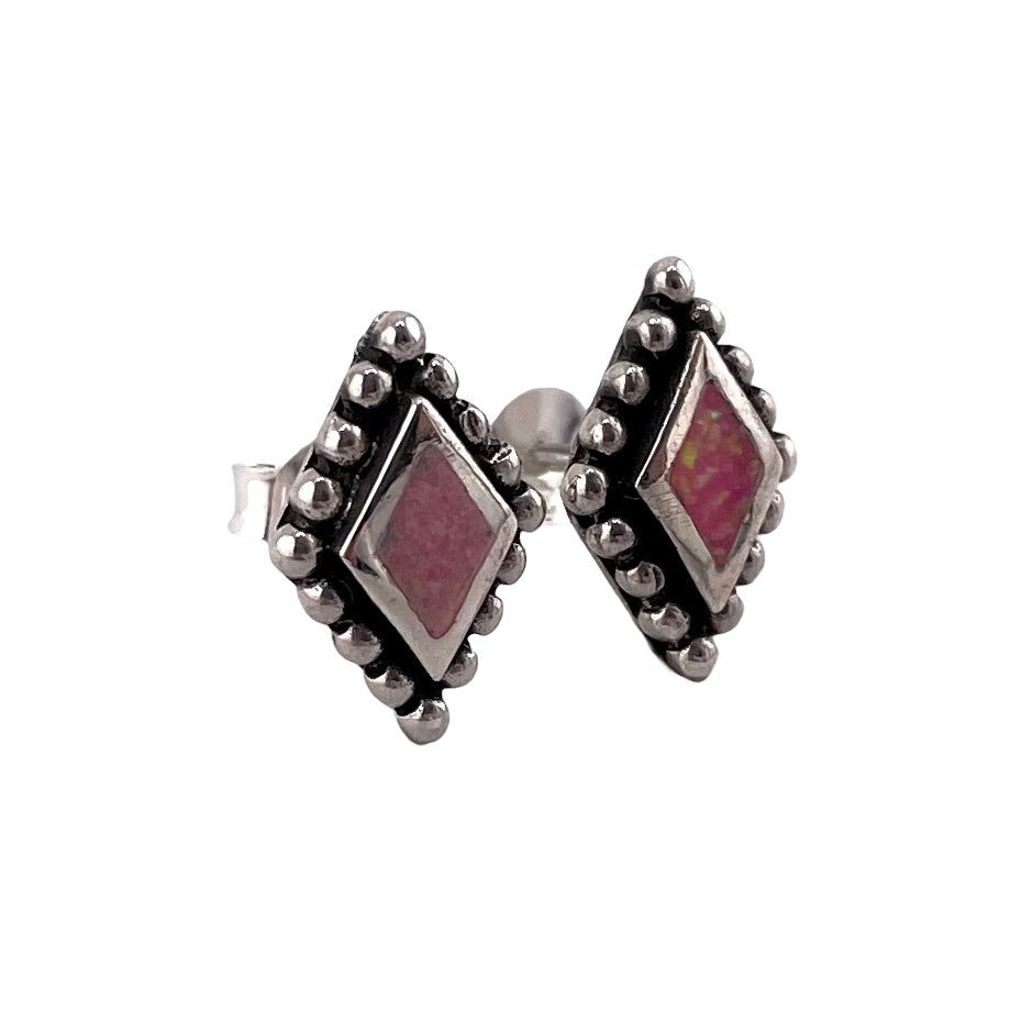 Pink Lab Opal 13mm Dotted Diamond Stud Earrings Sterling Silver