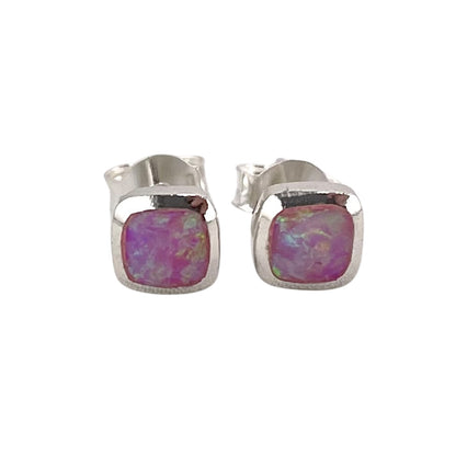 Pink Lab Opal 6mm Square Stud Earrings Sterling Silver