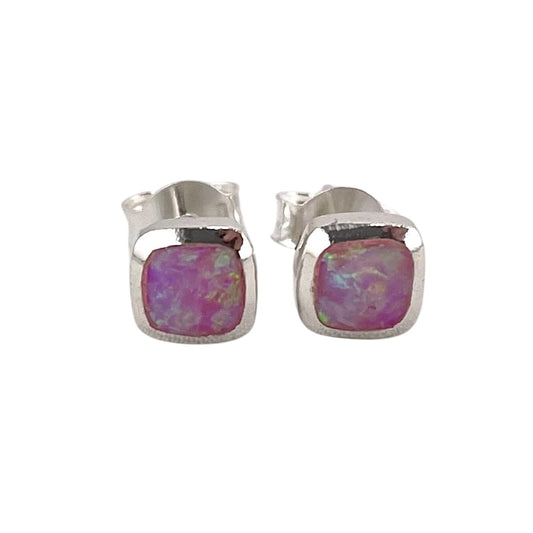 Pink Lab Opal 6mm Square Stud Earrings Sterling Silver