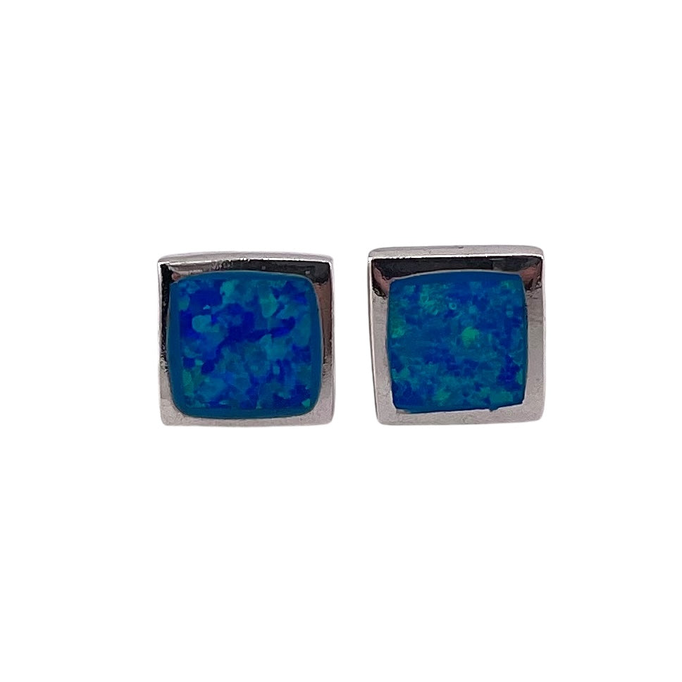 Blue Lab Opal 8mm Square Stud Earrings Sterling Silver