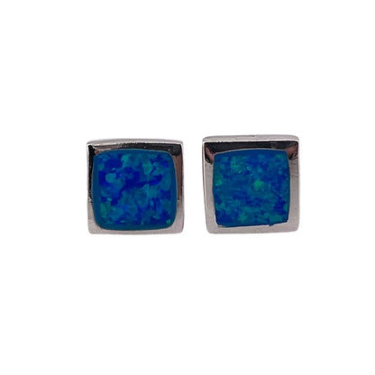 Blue Lab Opal 7mm Square Stud Earrings Sterling Silver