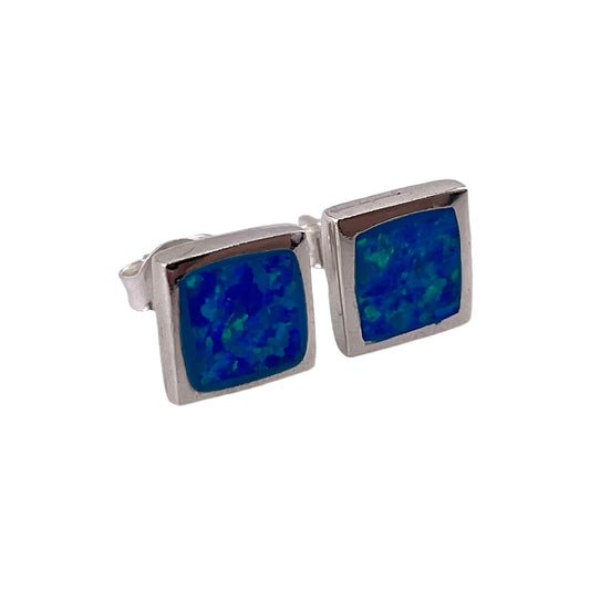 Blue Lab Opal 7mm Square Stud Earrings Sterling Silver