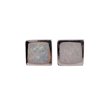 White Lab Opal 8mm Square Stud Earrings Sterling Silver