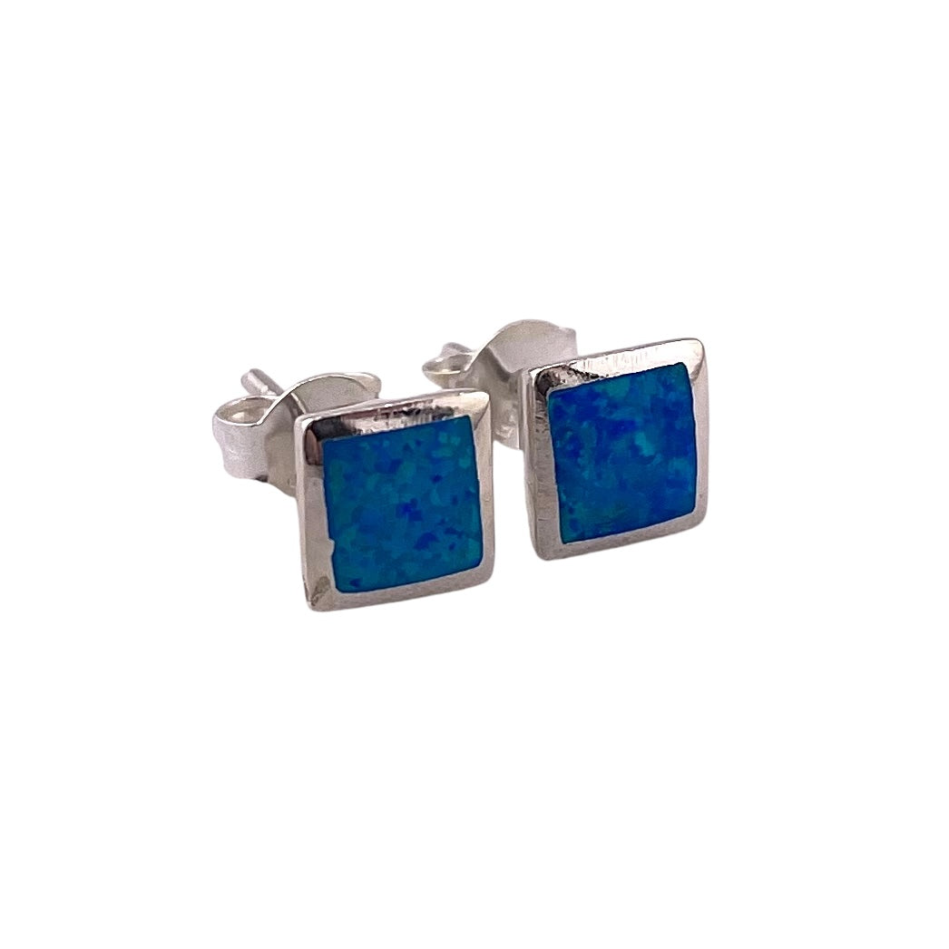 Blue Lab Opal 6mm Square Stud Earrings Sterling Silver