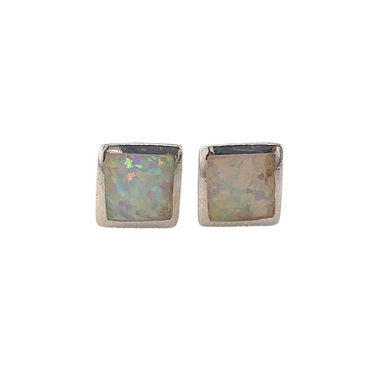 White Lab Opal 6mm Square Stud Earrings Sterling Silver