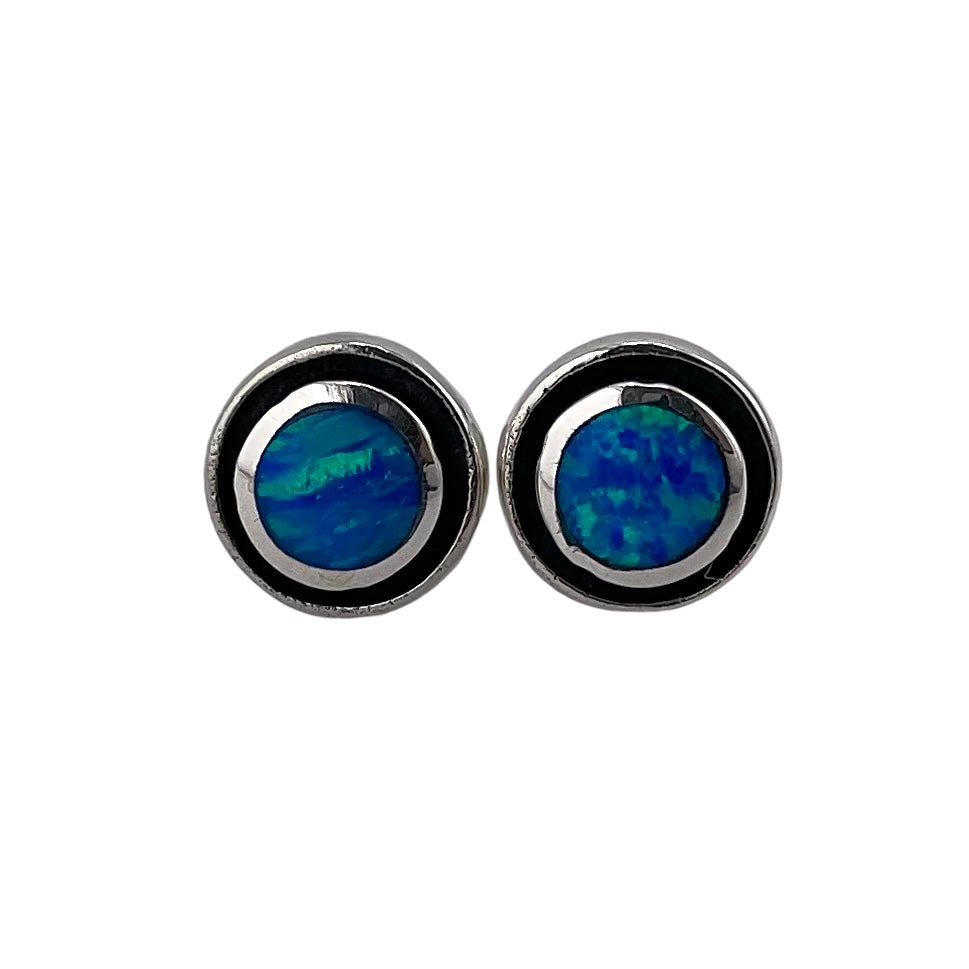 Blue Lab Opal Round Stud Earrings Sterling Silver