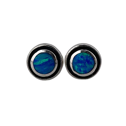 Blue Lab Opal Round Stud Earrings Sterling Silver