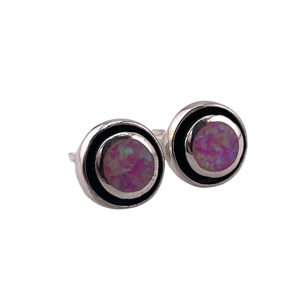 Pink Lab Opal Round Stud Earrings Sterling Silver