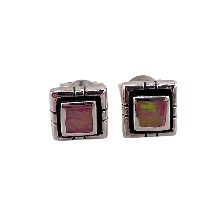 Pink Lab Opal Square Stud Earrings Sterling Silver