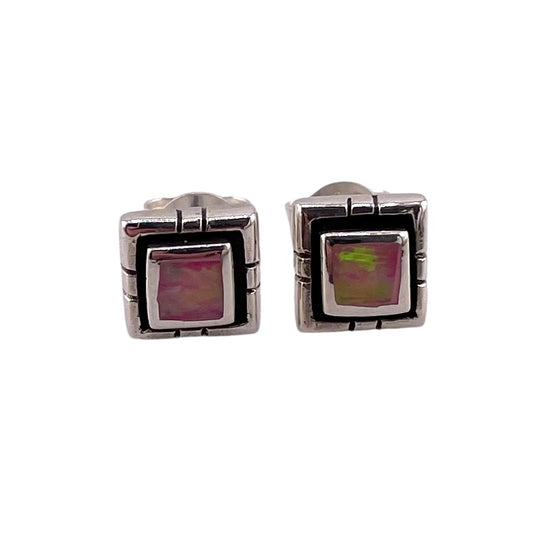Pink Lab Opal Square Stud Earrings Sterling Silver