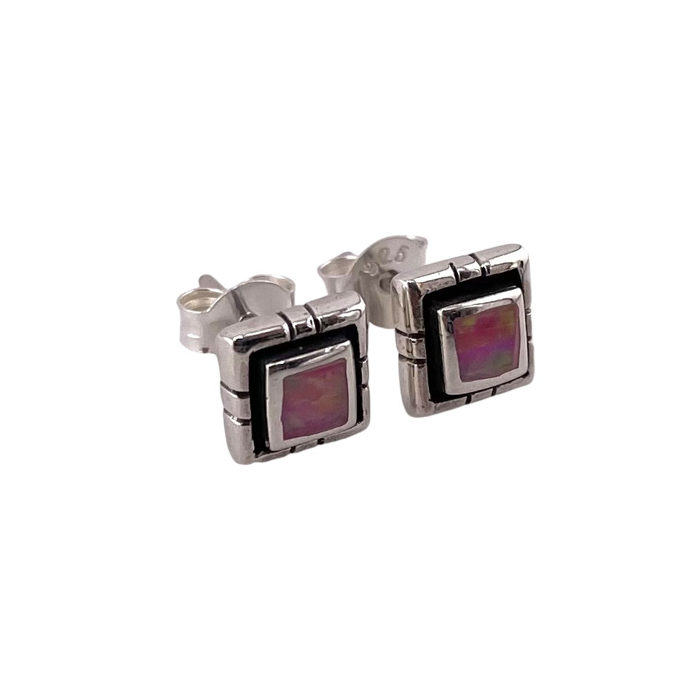 Pink Lab Opal Square Stud Earrings Sterling Silver