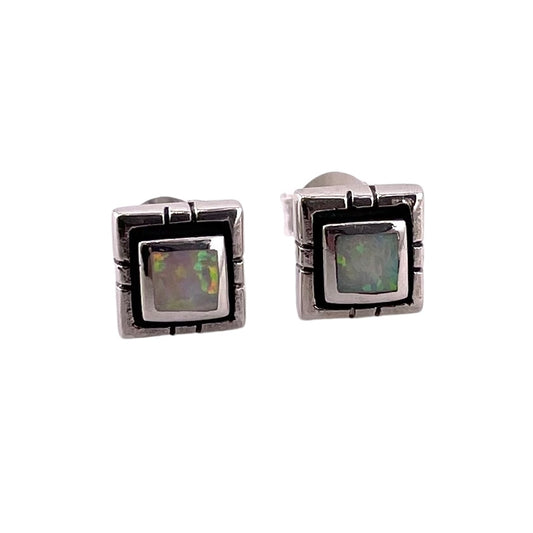 White Lab Opal Square Stud Earrings Sterling Silver