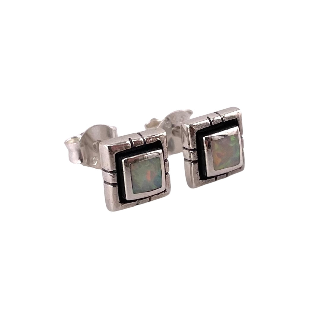 White Lab Opal Square Stud Earrings Sterling Silver