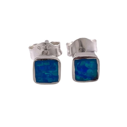 Blue Lab Opal 5mm Square Stud Earrings Sterling Silver