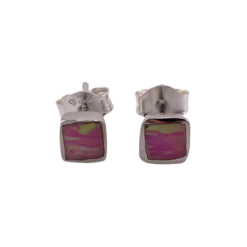 Pink Lab Opal 5mm Square Stud Earrings Sterling Silver