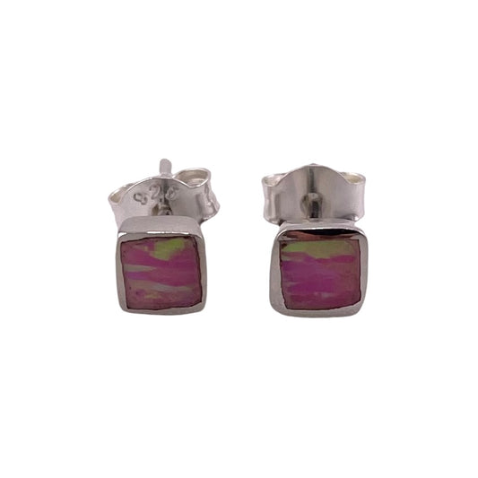 Pink Lab Opal 5mm Square Stud Earrings Sterling Silver
