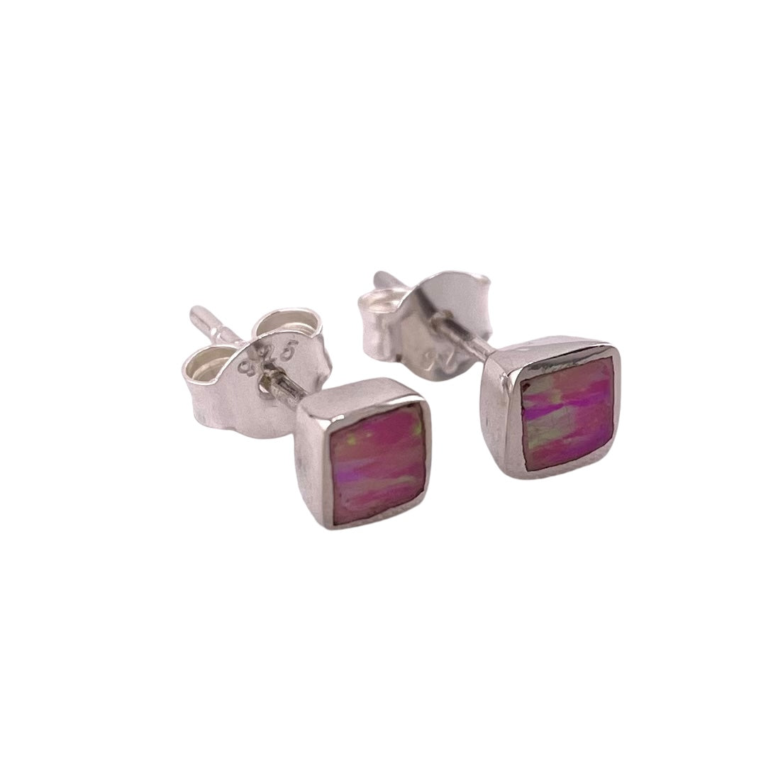 Pink Lab Opal 5mm Square Stud Earrings Sterling Silver